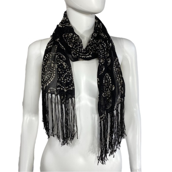 Fringed Lightweight Sheer Black Paisley Scarf - Picture 1 of 4